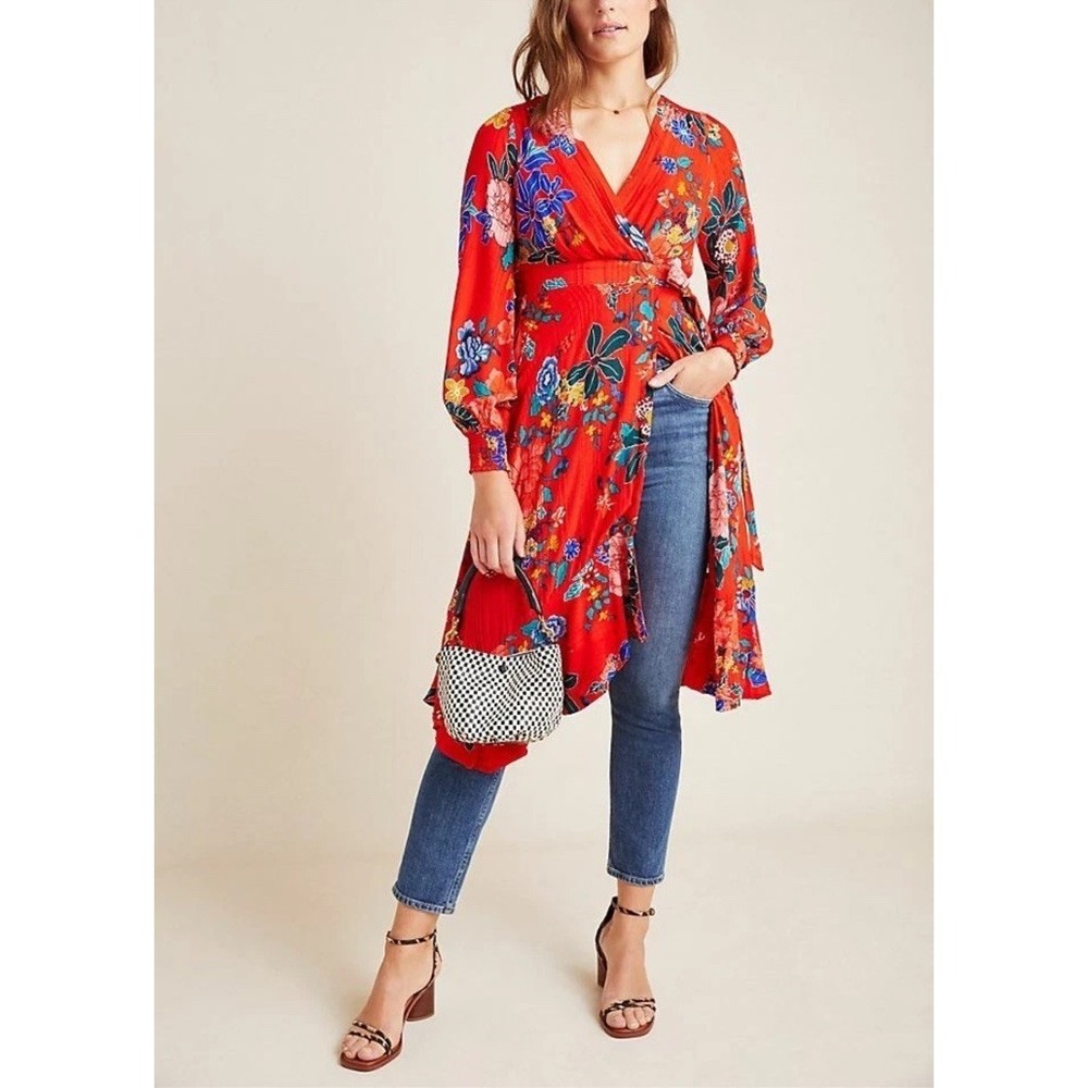 Anthropologie Boswell Textured Wrap Tunic Dress Red Floral Woman's Sz 12 - Picture 4 of 12